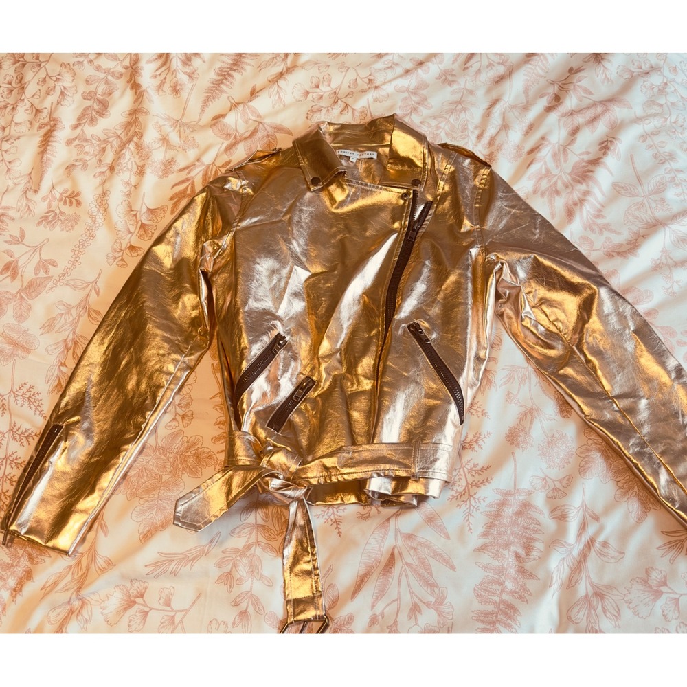Metallic Rose Gold Moto Jacket Women Small Asymmetrical Zip Belt Grunge Punk